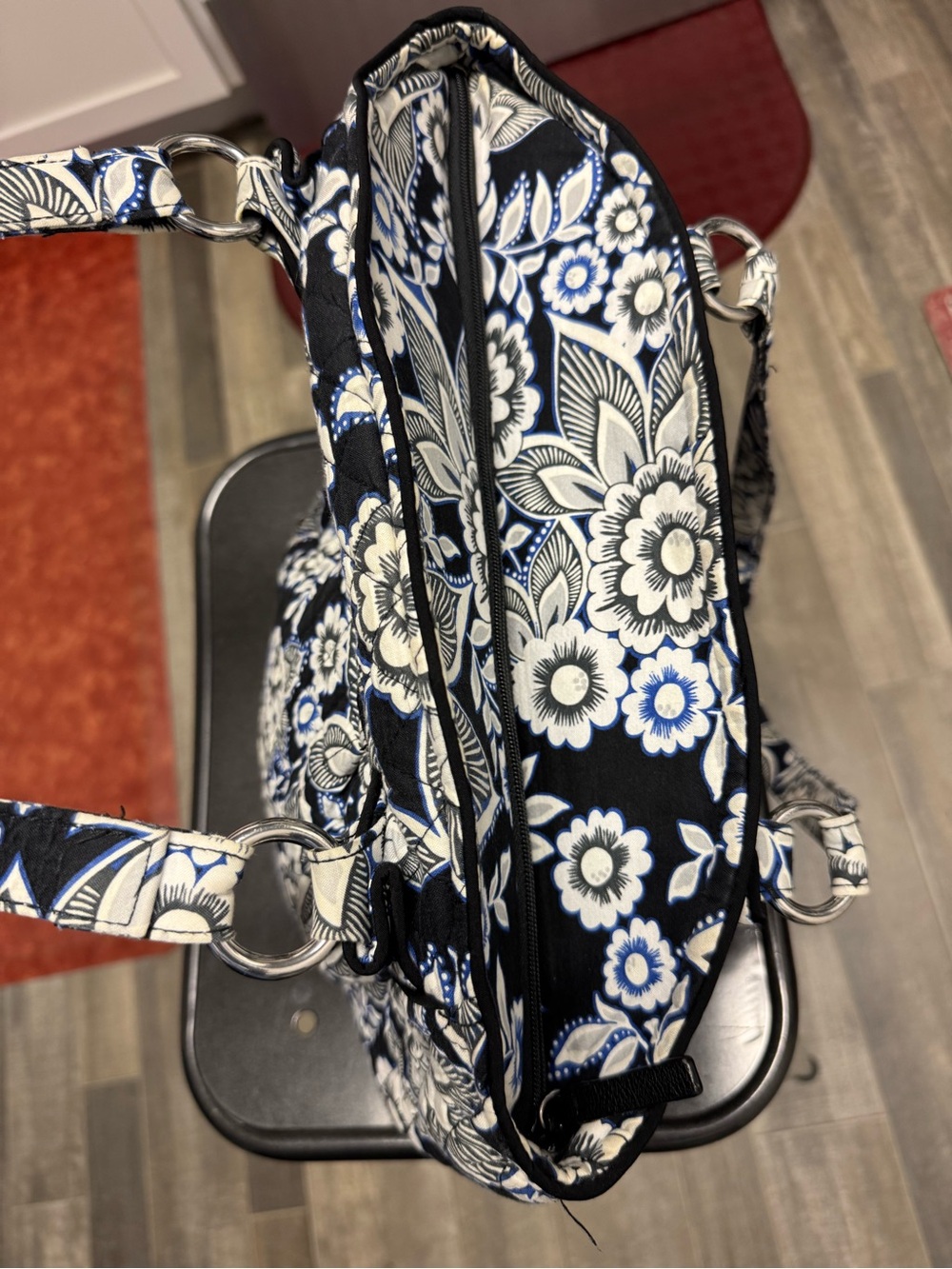 Vera Bradley Floral Print Quilted Tote Bag in Black & White with Blue Accents